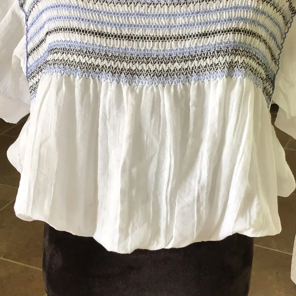 Free People White Smocked Square Neck Peasant Top with Light Blue Trim